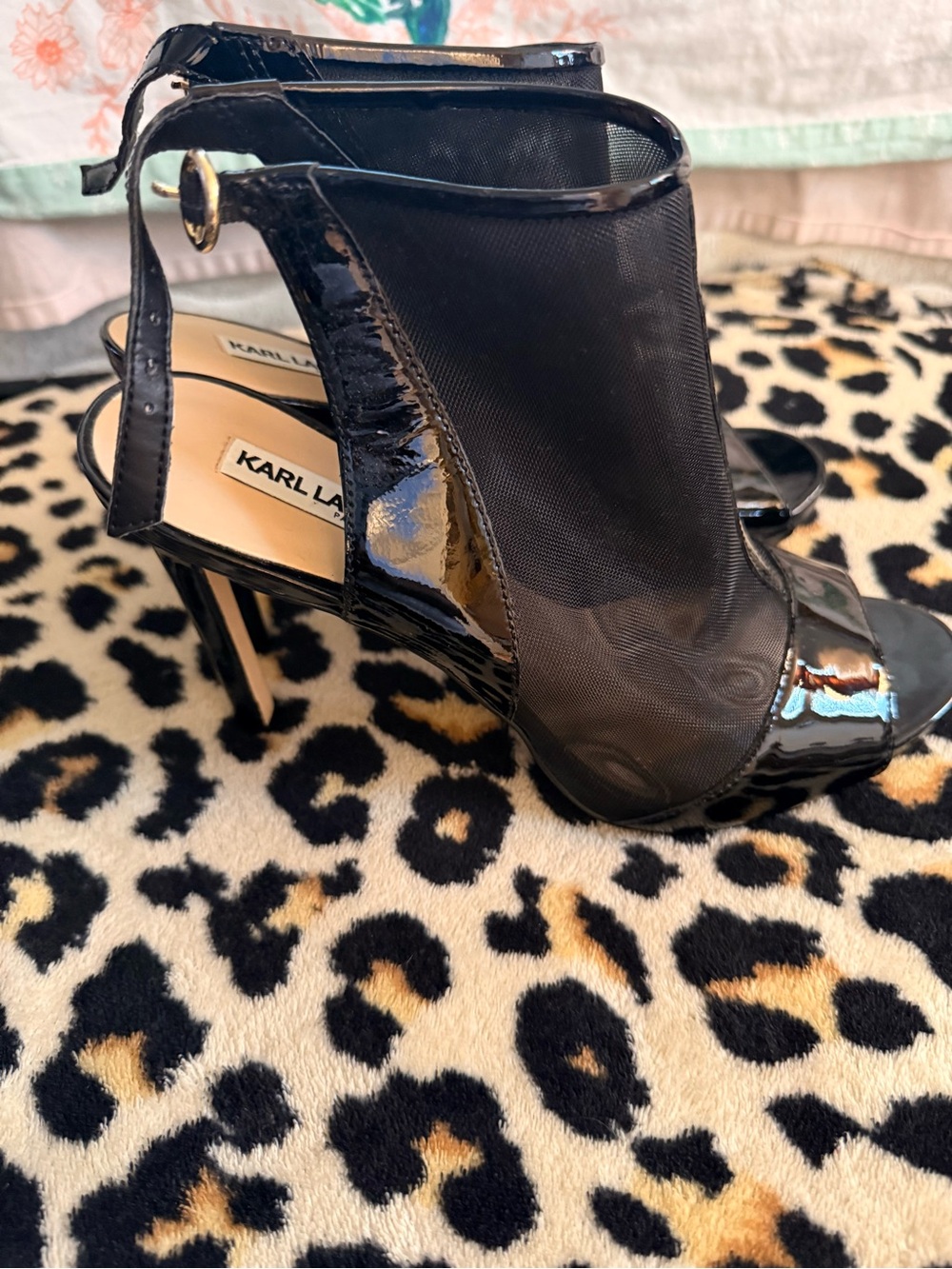 Karl Lagerfeld Black Patent & Mesh Open-Toe Stiletto Heels